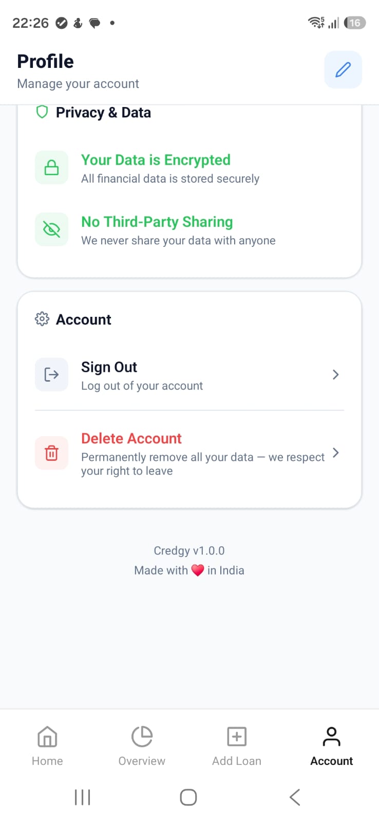 Credgy profile screen showing delete account action